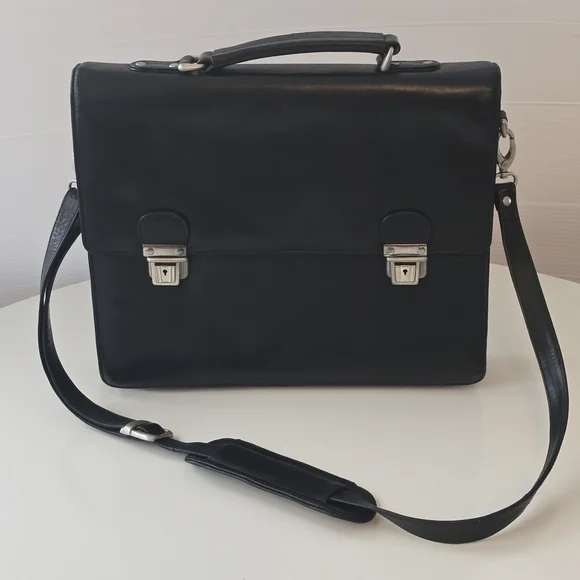 Wilsons Leather Vintage Black Laptop Expandable Briefcase with Shoulder Strap