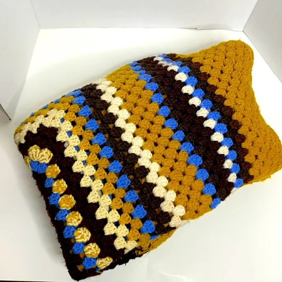 Vintage Crochet Knitted Throw Blanket | Mustard Yellow Blue & Brown Decor Colors