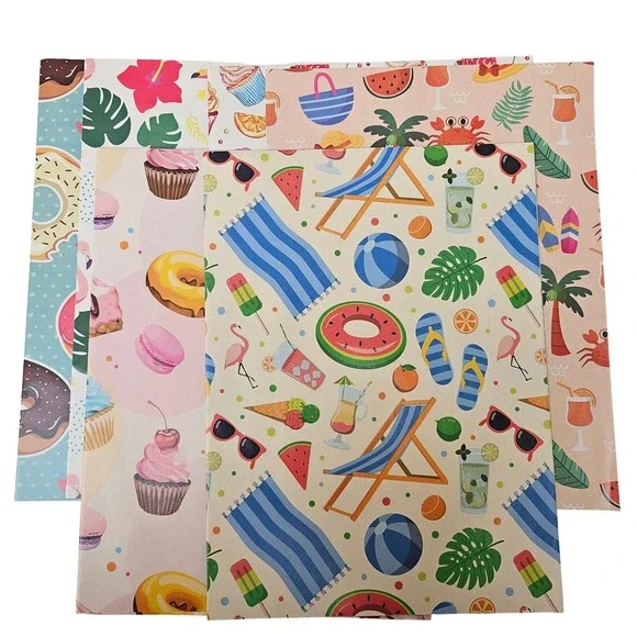 Lot 6 Folded Gift Wrapping Paper Sheets Donut‎ Beach Cupcake Tropical Prints
