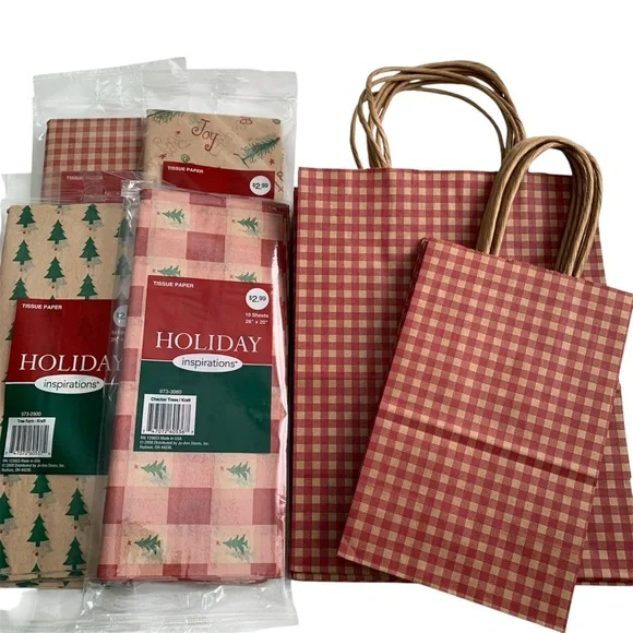 Red Gingham Gift Bags with Festive Tissue Paper Bundle