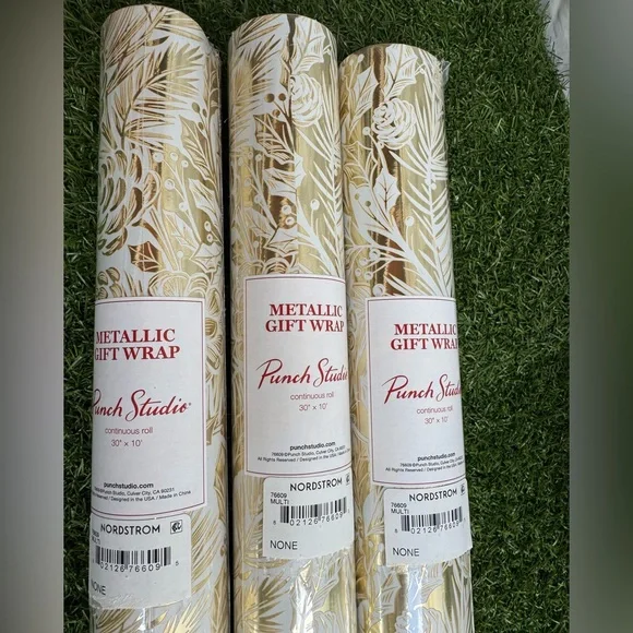 PUNCH STUDIO Christmas Gift Wrap Paper Roll Lot of 3 New Gold and White 30 X 10