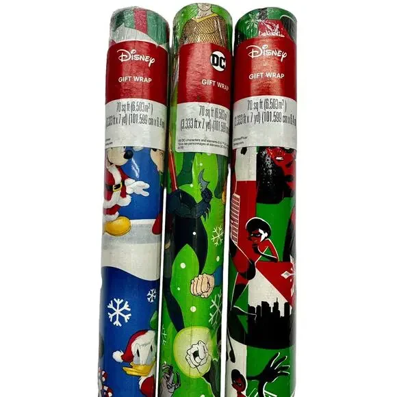 Lot Of 3 Christmas Wrapping‎ Paper-2 Disney & 1 DC Super Heroes 70 SQ Feet