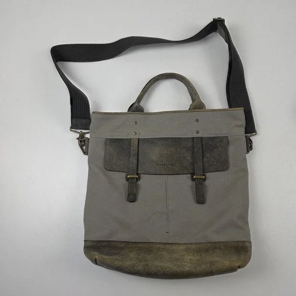 Timbuk2 Tote Bag Mens Large Gray Canvas Faux Leather Crossbody Shoulder Laptop