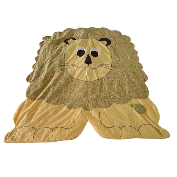 Vintage Lion Baby Quilt Stitched Handmade Throw Yellow Wall Art 39x48