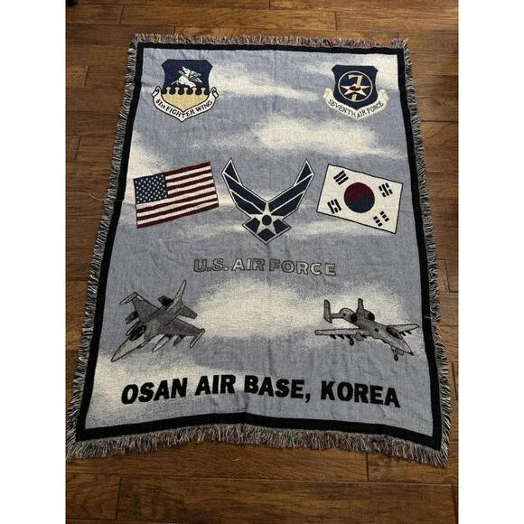 vtg United States Air Force vintage throw blanket woven fringe 74 X52 USAF Korea