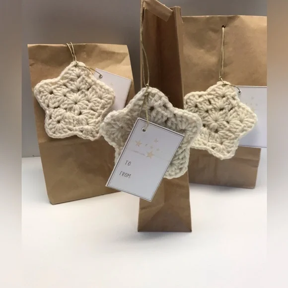 gift tag set of three neutral off white cream crocheted star with tags