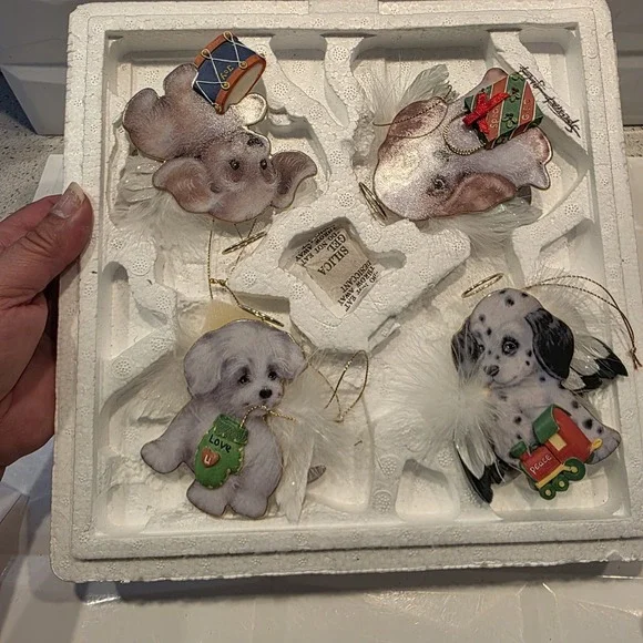 The Bradford Editions Heavenly Waggn Tails‎ Angel Dog Porcelain Ornaments 4pc