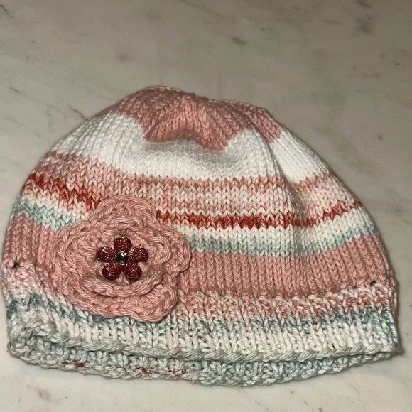 Charming Pink and White Kids Beanie with Flower Accent