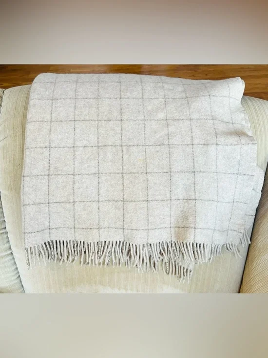 Vintage KelmScott Wool Throw Blanket Neutral Plaid Lap Blanket Fringe Maine