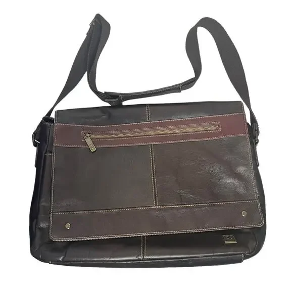 Brown leather messenger laptop crossbody bag