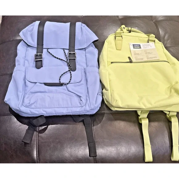 Open Story Lot Of 2 Travel Backpacks Lime Commuter & Blue Fitted Flap School