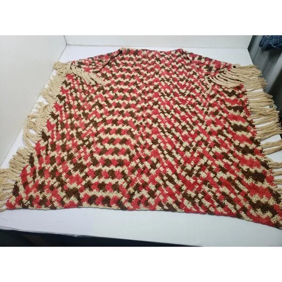 Hand Crochet Blanket 46”x51” Multicolor Throw Blanket With Tassels Around Border