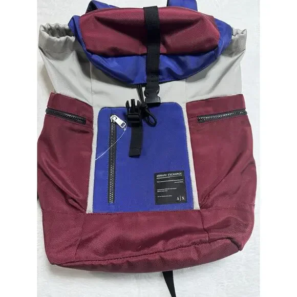 Armani Exchange Backpack Color block Blue Red Gray Zip Front Unisex School Bag