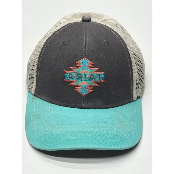 Ariat Youth Snapback Trucker Hat Grey Teal‎ Aztec Logo Mesh Back Cap