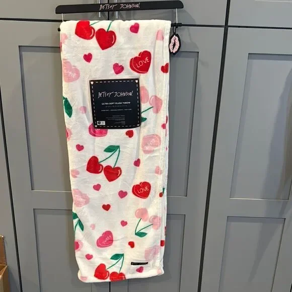 🎉Last deal 🎉Betsey Johnson Heart and Cherry Throw Blanket - Pink, Red, Green