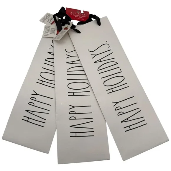 Rae Dunn Happy Holidays Wine Bottle Gift Bags Set of 3‎ White Black GBT02