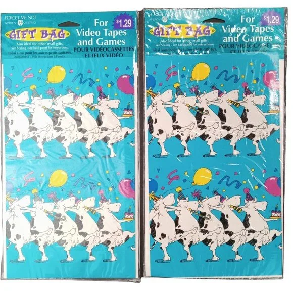 Vintage Video Tape Gift Bags VHS New Set Of 2 Videocassette Cows Party Nostalgia