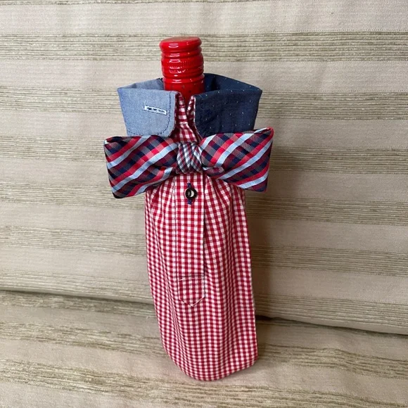 Handcrafted Wine or Liquor Bottle Gift Bag Made From Dress Shirt and Tie