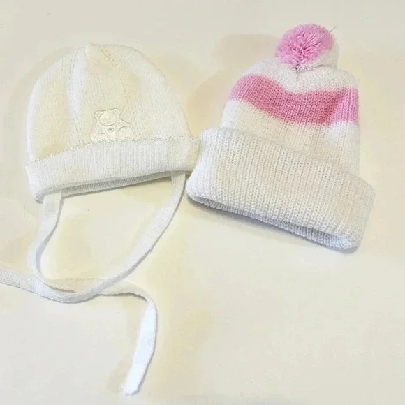 Vintage Newborn Baby Infant Toddler Knit Hat Beanie Lot Of 2 Acrylic