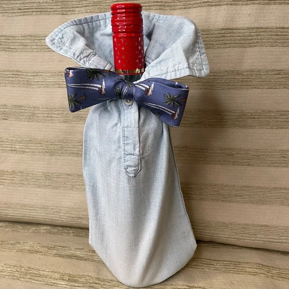 Handcrafted Wine or Liquor Bottle Gift Bag Made From Dress Shirt and Tie