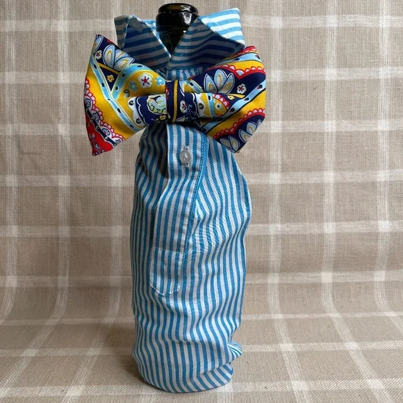 Handcrafted Wine or Liquor Bottle Gift Bag Made From Dress Shirt and Tie