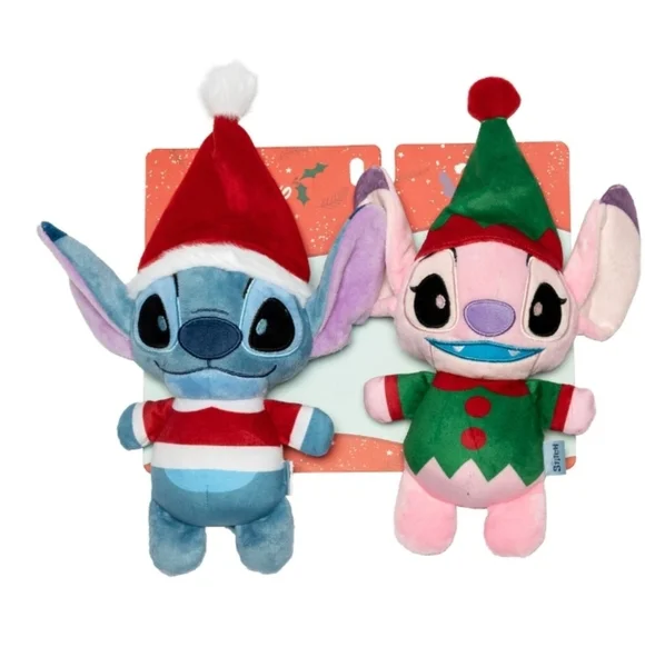 Disney Stitch & Angel Christmas Dog Toy Plush 2-Pack Squeaker Crinkle NWT