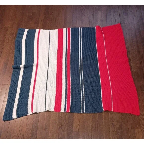 Vintage Hand Crocheted Afghan Throw Blanket Patriotic Red White Blue 43 x 53.5