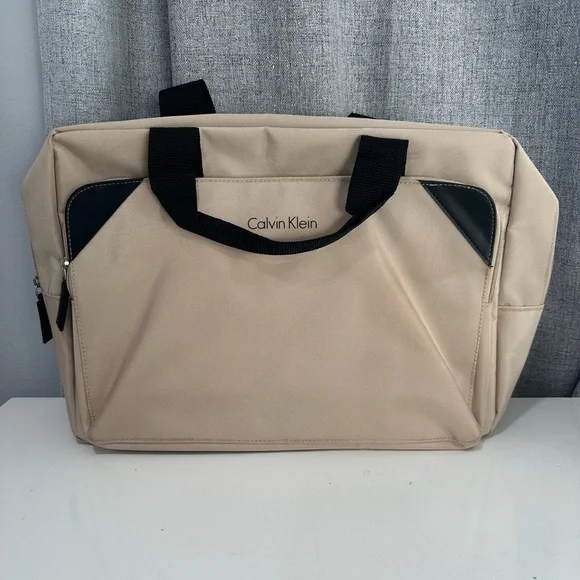 Calvin Klein Tan and Black Laptop Bag with Sturdy Fabric