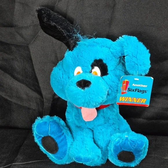 Six Flags Blue Plush Dog RARE Stuffed Animal‎ Winner Prize Souvenir Toy 12