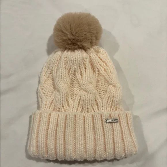 Anne Klein Cream Knit Beanie with Tan Pom-Pom