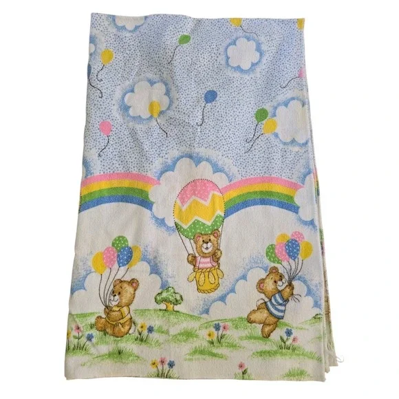 Vintage‎ Toddletime Baby Flannel Blanket Bears Balloons Rainbows 25 x 39
