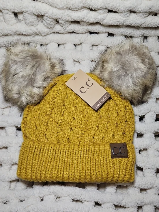 C.C Beanie Kids Toddler Youth Double Pompom Knit Hat New Mustard Yellow