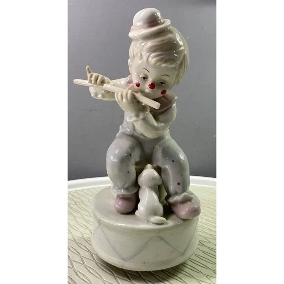 RARE VINTAGE PAUL SEBASTIAN MUSIC BOX PORCELAIN CLOWN PLAYING FLUTE‎ W/DOG