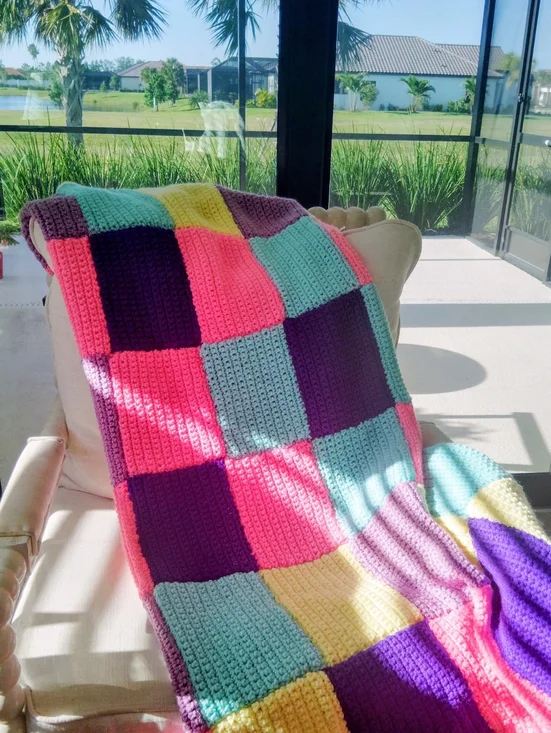 Handcrafted Multicolor Colorblock Patchwork Crochet Throw Blanket