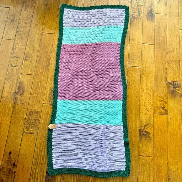 Beautiful Hand Knit Crochet Afghan Throw Blanket Purple and Green 64”x29”