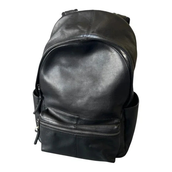 Massimo Dutti Backpack Mens Medium Black Leather Laptop Zip Pocket Bag‎