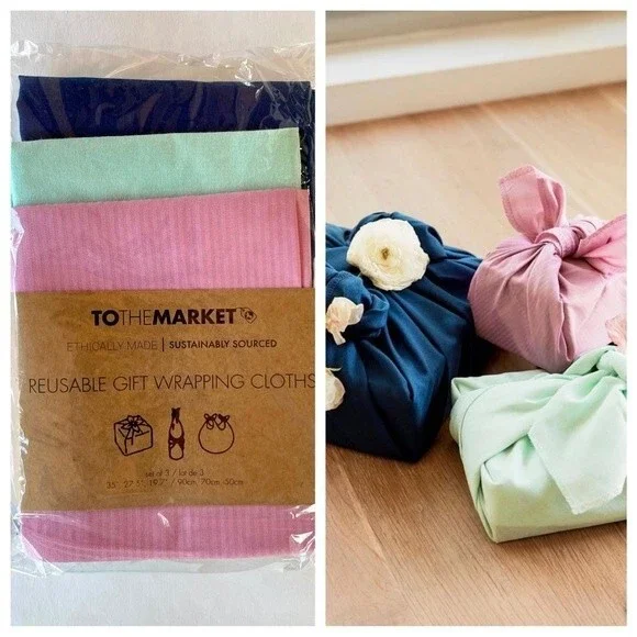 NWT To The Market Reusable Gift Wrapping Cloths - 3 Cloths Pink Navy Seafoam
