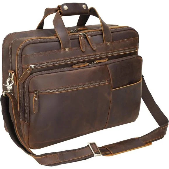 Polare Large Full Grain Leather Briefcase For Men Travel Case Messenger Bag