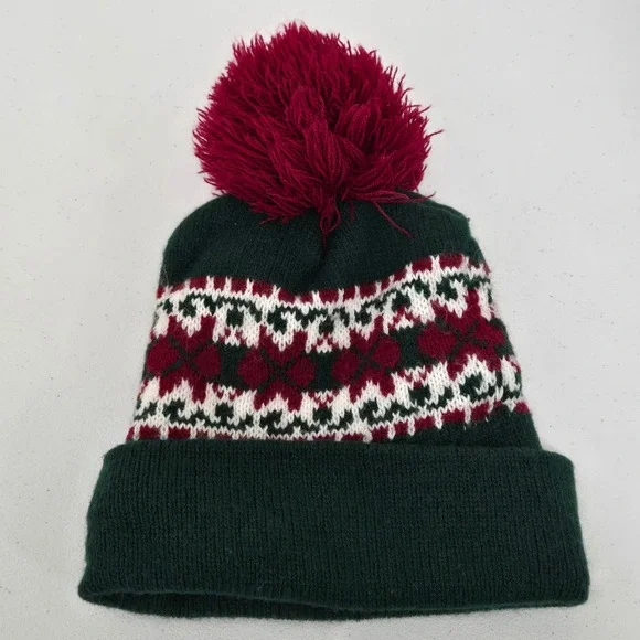Kids Fair Isle Pom Pom Beanie Hat Green Red White Winter Knit‎ Acrylic 90s vibes
