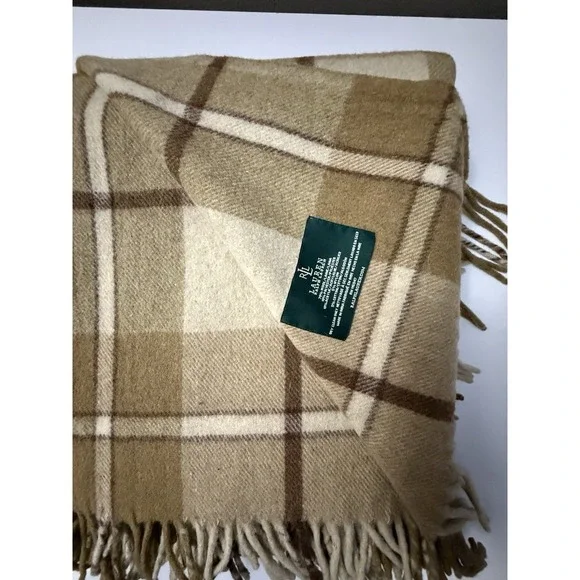 Lauren Ralph Lauren Vintage Wool Blanket Brown Plaid Fringe Camp Cabin 51