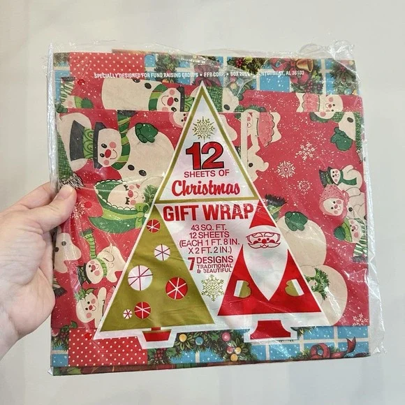 VTG Christmas Gift Wrapping‎ Paper 12 Sheets 1960's Snowman Santa Kitschy