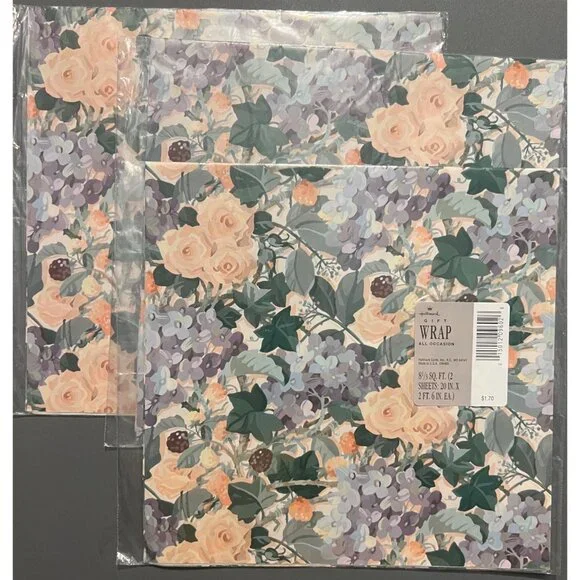 Lot of 3 Vintage Hallmark‎ All Occasions Sealed Gift Wrap Roses & Wildflowers