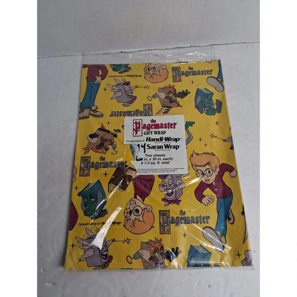 The Pagemaster Gift Wrap Saran Wrap Handi Wrap‎ Two Sheets Vintage 1994