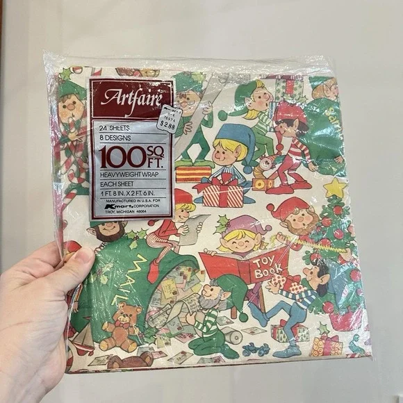 VTG Artfaire Christmas Gift Wrapping Paper 1960's Kmart 100‎ Sq Ft Elves Santa
