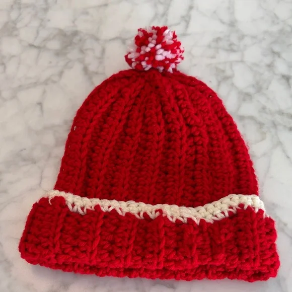 Red Crocheted Beanie with Pom Pom