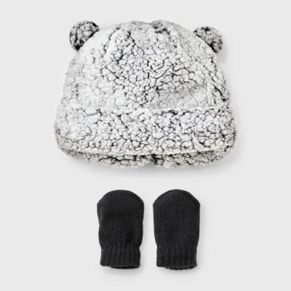 Cat & Jack NWT Sherpa Bear Ear Hat and Black Mittens size NB