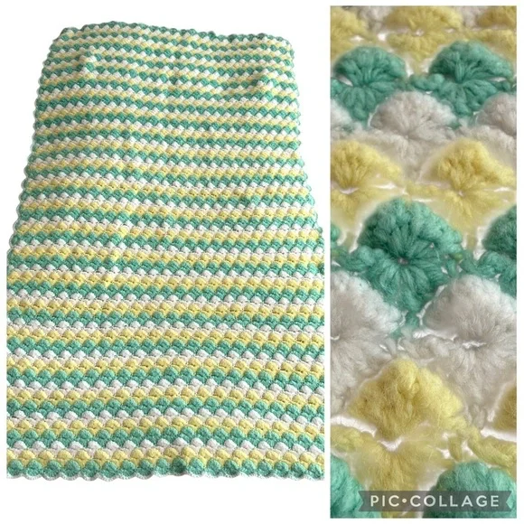 New Afghan Handmade Crochet Baby Blanket Green Yellow Boy Girl 30”x51” Swaddle
