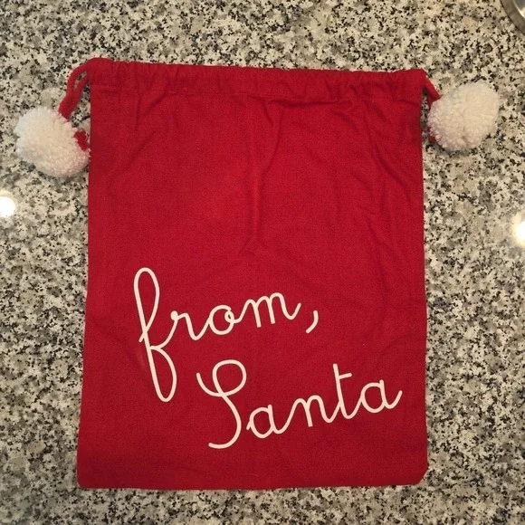 Christmas Santa Gift Bag Red Drawstring White Pom-Poms‎ 17x14 EXCELLENT