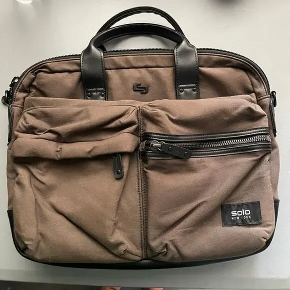SOLO New York Hamish Briefcase Laptop Tablet Bag Brown Canvas & Leather