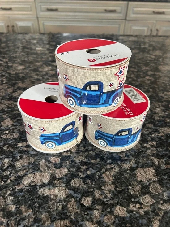 ASHLAND BLUE TRUCK W STARS VINTAGE PATRIOTIC WIRED RIBBON 2.5